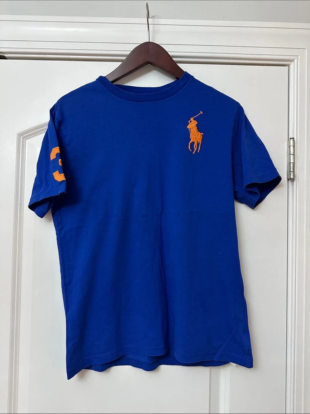 Ralph Lauren Blue Tee with Orange Polo Embroidery